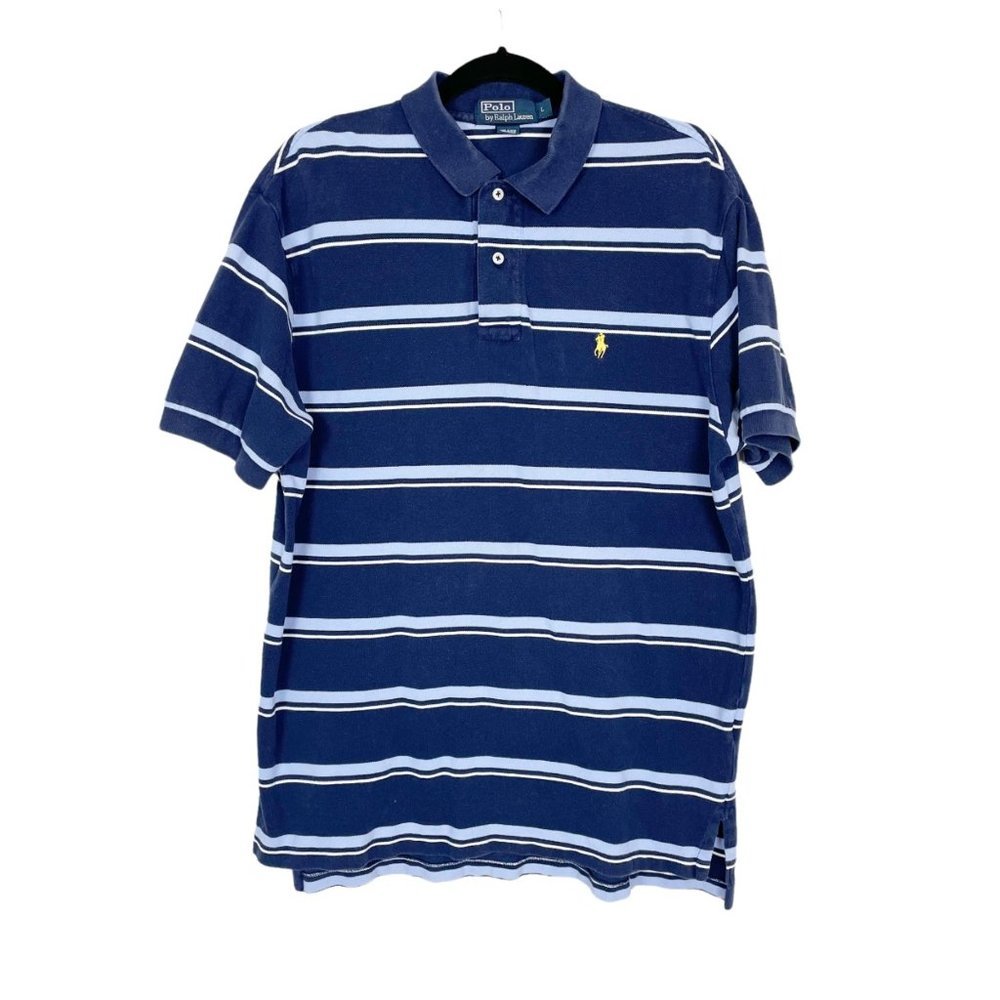 Vintage Polo Ralph Lauren Men's‎ L Collared Blue Striped Short Sleeve Polo Shirt